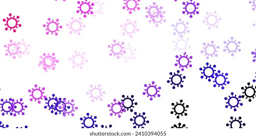 Light purple, pink vector background with covid-19 symbols. Simple design in abstract style with infection forms. Design for biohazard warning.