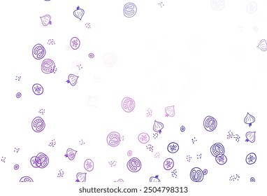 Púrpura claro, fondo de Vector rosa con comida sabrosa. Boceto abstracto de purpurina con comida gourmet. Diseño para publicidad, póster, Anuncio de cafeterías o restaurantes.