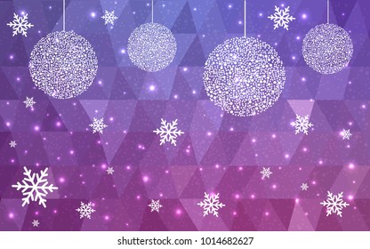 Light Purple Pink vector christmas polygon background. Low poly Illustration consisting of triangles with snowflakes. Texture, seamless background of New Year celebration.