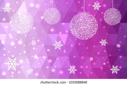 Light Purple Pink vector christmas polygon background. Low poly Illustration consisting of triangles with snowflakes. Texture, seamless background of New Year celebration.