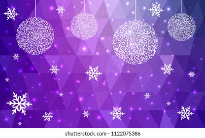 Light Purple Pink vector christmas polygon background. Low poly Illustration consisting of triangles with snowflakes. Texture, seamless background of New Year celebration.