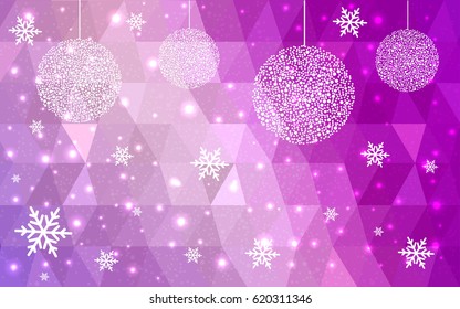 Light Purple Pink vector christmas polygon background. Low poly Illustration consisting of triangles with snowflakes. Texture, seamless background of New Year celebration.