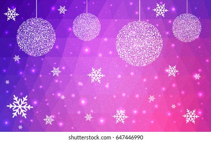 Light Purple Pink vector christmas polygon background. Low poly Illustration consisting of triangles with snowflakes. Texture, seamless background of New Year celebration.