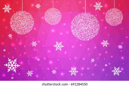 Light Purple Pink vector christmas polygon background. Low poly Illustration consisting of triangles with snowflakes. Texture, seamless background of New Year celebration.