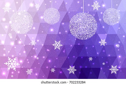 Light Purple Pink vector christmas polygon background. Low poly Illustration consisting of triangles with snowflakes. Texture, seamless background of New Year celebration.