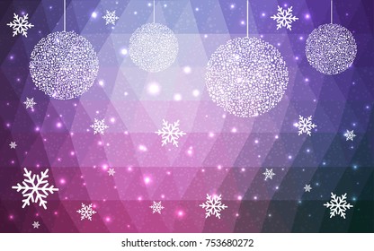 Light Purple Pink vector christmas polygon background. Low poly Illustration consisting of triangles with snowflakes. Texture, seamless background of New Year celebration.