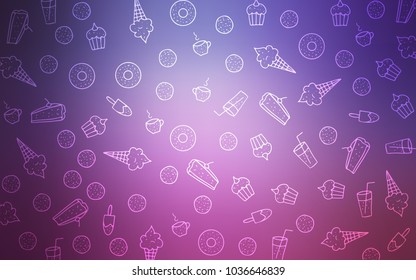 Light Purple, Pink vector cover with set of confections. Beautiful colored illustration with candies in doodle style. Doodle design for your business advert of cafes.