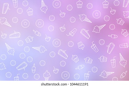 Light Purple, Pink vector cover with set of confections. Beautiful colored illustration with candies in doodle style. Pattern for ad, booklets, leaflets of restaurants.