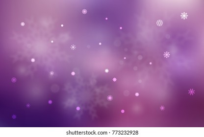 Light Purple, Pink vector cover with beautiful snowflakes. Blurred decorative design in xmas style with snow. New year design for your ad, poster, banner.