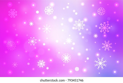 Light Purple, Pink vector cover with beautiful snowflakes. Decorative shining illustration with snow on abstract template. New year design for your business advert.