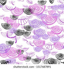 Light Purple, Pink vector doodle backdrop with leaves and flowers. Sketchy doodles on white background. Pattern for trendy fabric, wallpapers.
