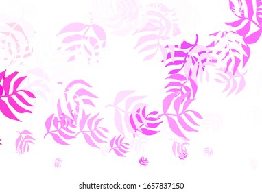 Púrpura clara, fondo de doodle vector rosado con hojas. Ilustración de colores brillantes con hojas en estilo doodle. Nueva plantilla para su diseño.