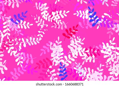 Textura de doodle púrpura clara, vector rosado con hojas. hojas sobre fondo abstracto borroso con degradado. Nueva plantilla para tu libro de marcas.