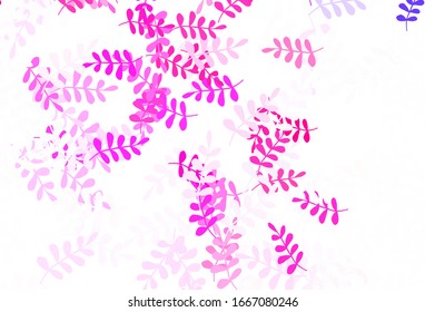 Textura de doodle púrpura clara, vector rosado con hojas. hojas sobre fondo abstracto borroso con degradado. Nueva plantilla para tu libro de marcas.