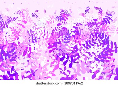 Púrpura claro, fondo de doodle vector rosado con hojas. Ilustración colorida abstracta con hojas en estilo doodle. Patrón colorido para los libros infantiles.