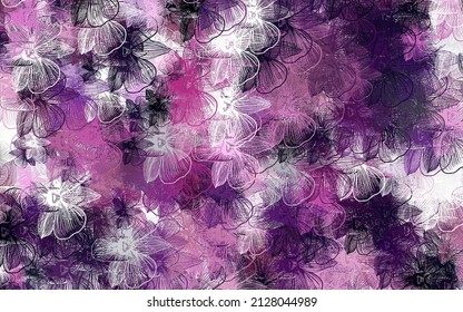 Púrpura claro, fondo de doodle vector rosado con flores. Una elegante ilustración brillante con flores. Diseño pintado a mano para la web, folletos.
