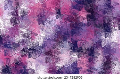Hellviolett, rosafarbene Vektordoodle mit Blumen. Eine elegante, helle Illustration mit Blumen. Farbiges Muster für Kinderbücher.