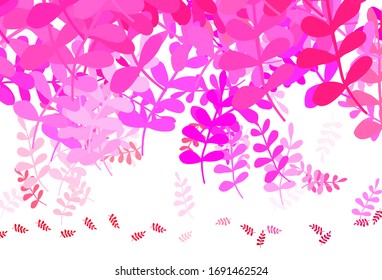 Papel pintado de color púrpura claro, vector rosa elegante con hojas. Ilustración abstracta brillante con doodles y hojas. Patrón texturizado para sitios web, banners.