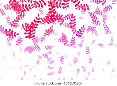 Púrpura claro, Pink vector elegante fondo con hojas. Doodles esquemáticos con hojas sobre fondo borroso. Patrón texturizado para sitios web, banners.