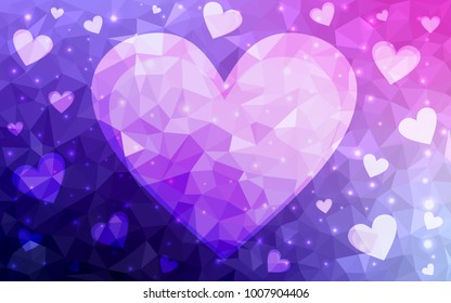 Light Purple, Pink vector greeting Card Happy Valentine's Day. Lettering with hearts on the white polygonal background. Colored triangular illustration for your business.