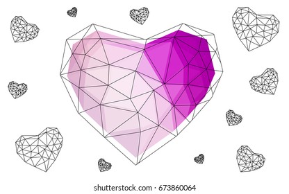 Light Purple, Pink vector greeting Card Happy Valentine's Day. Lettering with hearts on the white polygonal background. Colored triangular illustration for your business.