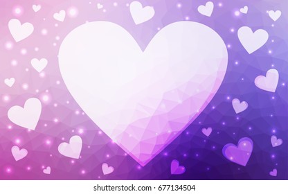 Light Purple, Pink vector greeting Card Happy Valentine's Day. Lettering with hearts on the white polygonal background. Colored triangular illustration for your business.