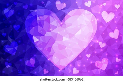 Light Purple, Pink vector greeting Card Happy Valentine's Day. Lettering with hearts on the white polygonal background. Colored triangular illustration for your business.