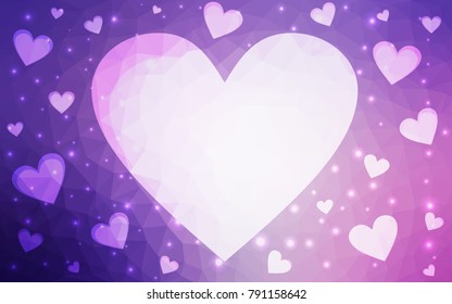 Light Purple, Pink vector greeting Card Happy Valentine's Day. Lettering with hearts on the white polygonal background. Colored triangular illustration for your business.