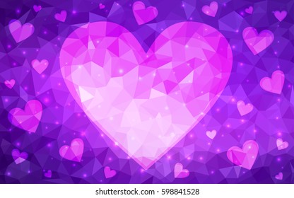 Light Purple, Pink vector heart isolated on white background. Geometric rumpled triangular low poly origami style gradient graphic illustration. Polygonal design for your business.