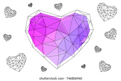 Light Purple, Pink vector heart isolated on white background. Geometric rumpled triangular low poly origami style gradient graphic illustration. Polygonal design for your business.