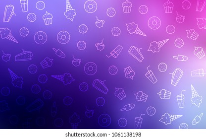 Light Purple, Pink vector layout with sweet desserts. Blurred decorative design of desserts in doodle style. Pattern for ad, booklets, leaflets of restaurants.