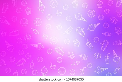 Light Purple, Pink vector layout with sweet desserts. Blurred decorative design of desserts in doodle style. Pattern for ad, booklets, leaflets of restaurants.