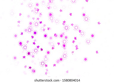 Light Purple, Pink vector layout with stars, suns. Shining illustration with stars, suns on abstract template. Pattern for astrology websites.