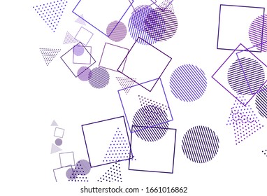Púrpura claro, Diseño vector rosa con círculos, líneas, rectángulos. Ilustración de degradado abstracta con círculos, triángulos, cubos. Patrón para comerciales.