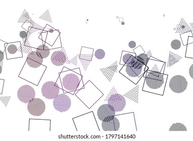 Púrpura claro, Diseño vector rosado con círculos, líneas, rectángulos. Ilustración abstracta con puntos coloridos, líneas, cubos. Plantilla para fondos de pantalla.