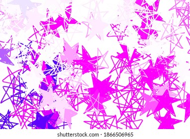 Púrpura claro, diseño vector rosa con estrellas brillantes. Decoración borrosa de estilo sencillo con estrellas. Plantilla para fondos cósmicos.