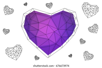 Light Purple, Pink vector love background with heart. Paper note. Valentine's greeting polygonal card. Triangular illustration for your business. Stock template for your design.