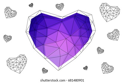 Light Purple, Pink vector love background with heart. Paper note. Valentine's greeting polygonal card. Triangular illustration for your business. Stock template for your design.