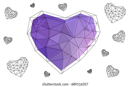 Light Purple, Pink vector love background with heart. Paper note. Valentine's greeting polygonal card. Triangular illustration for your business. Stock template for your design.