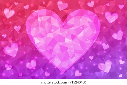 Light Purple, Pink vector love background with heart. Paper note. Valentine's greeting polygonal card. Triangular illustration for your business. Stock template for your design.