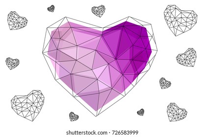 Light Purple, Pink vector love background with heart. Paper note. Valentine's greeting polygonal card. Triangular illustration for your business. Stock template for your design.