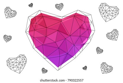 Light Purple, Pink vector love background with heart. Paper note. Valentine's greeting polygonal card. Triangular illustration for your business. Stock template for your design.