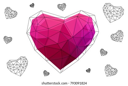 Light Purple, Pink vector love background with heart. Paper note. Valentine's greeting polygonal card. Triangular illustration for your business. Stock template for your design.