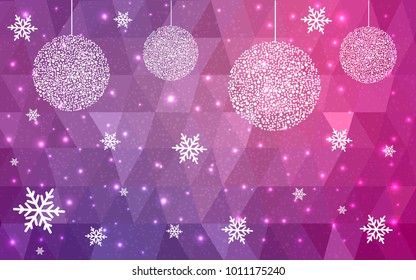 Light Purple Pink vector low poly crystal background with snowflakes. Polygon christmas design pattern . Low poly illustration of New Year celebration.