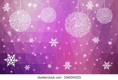 Light Purple Pink vector low poly crystal background with snowflakes. Polygon christmas design pattern . Low poly illustration of New Year celebration.