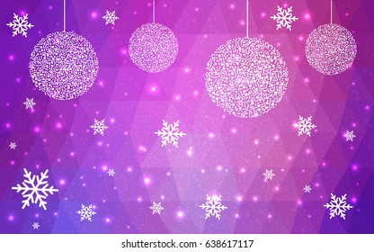 Light Purple Pink vector low poly crystal background with snowflakes. Polygon christmas design pattern . Low poly illustration of New Year celebration.