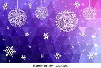 Light Purple Pink vector low poly crystal background with snowflakes. Polygon christmas design pattern . Low poly illustration of New Year celebration.