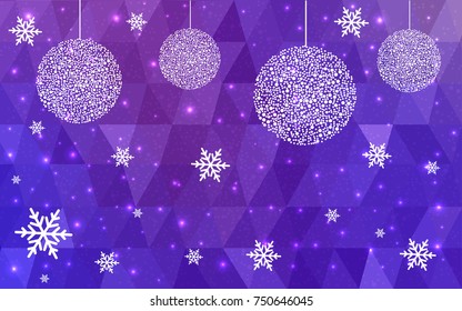 Light Purple Pink vector low poly crystal background with snowflakes. Polygon christmas design pattern . Low poly illustration of New Year celebration.