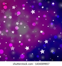 Light Purple, Pink vector pattern with circles, stars. Illustration with set of colorful abstract spheres, stars. Design for textile, fabric, wallpapers.