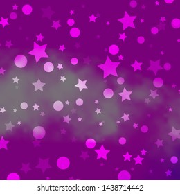 Light Purple, Pink vector pattern with circles, stars. Abstract design in gradient style with bubbles, stars. Pattern for design of fabric, wallpapers.